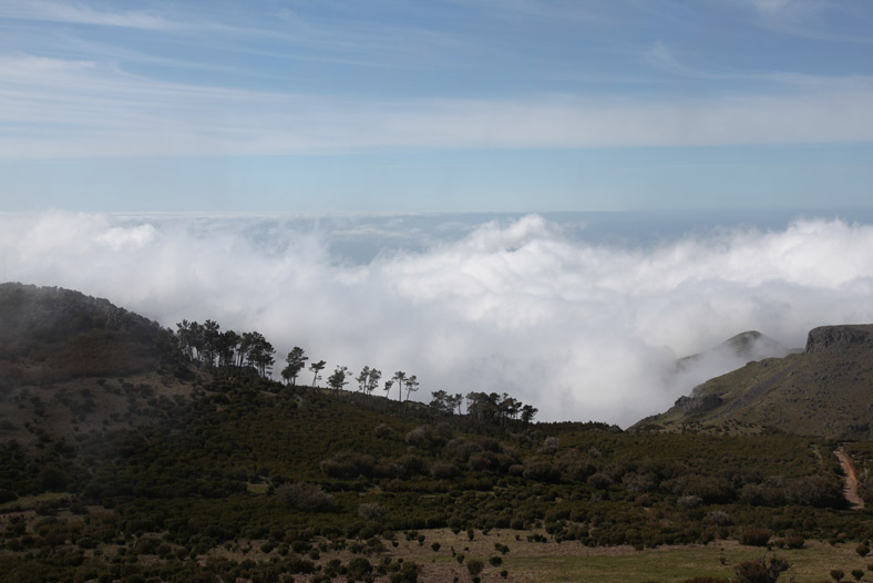 Wolken krullen over de bergtoppen